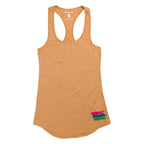 Product photo of a yellow women's tank top with the bucket list logo in the bottom right corner of the tank on a white background. 