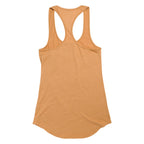 Product photo of the back of a yellow women's tank top on a white background. 