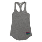 Product photo of a grey women's tank top with the bucket list logo in the bottom right corner of the tank on a white background. 