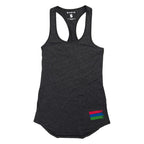 Product photo of a black women's tank top with the bucket list logo in the bottom right corner of the tank on a white background. 