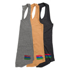 Product photo that shows all three bucket list tank top colors next to each other. The colors are grey, mustard, and black.
