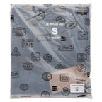 Product photo of a t-shirt folded up and inside a biodegradable bag that has a design on the outside of the bag that has a variety of black travel stamps on it. 