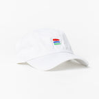 Product photo with a white background of a white baseball cap with a white embroidered bucket list logo on the front of the cap. 