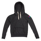 Product photo of a black kids' hoodie with a white background.
