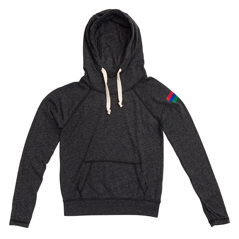 Product photo of a black kids' hoodie with a white background.