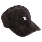 Product photo with a white background of a black baseball cap with a white embroidered bucket list logo on the front of the cap. 