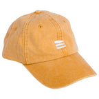 Product photo with a white background of a yellow baseball cap with a white embroidered bucket list logo on the front center. 